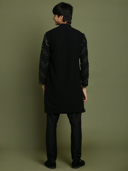 Boy's Black Mirror Work Georgette Kurta And Pyjama Set